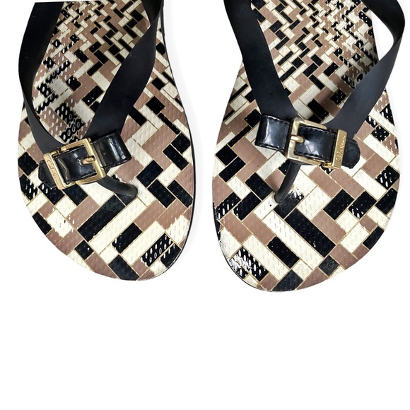 Cole Haan Brown/Tan/Black Patterned Flip Flops w/Signature Bow, sz 8 - Picture 2 of 10